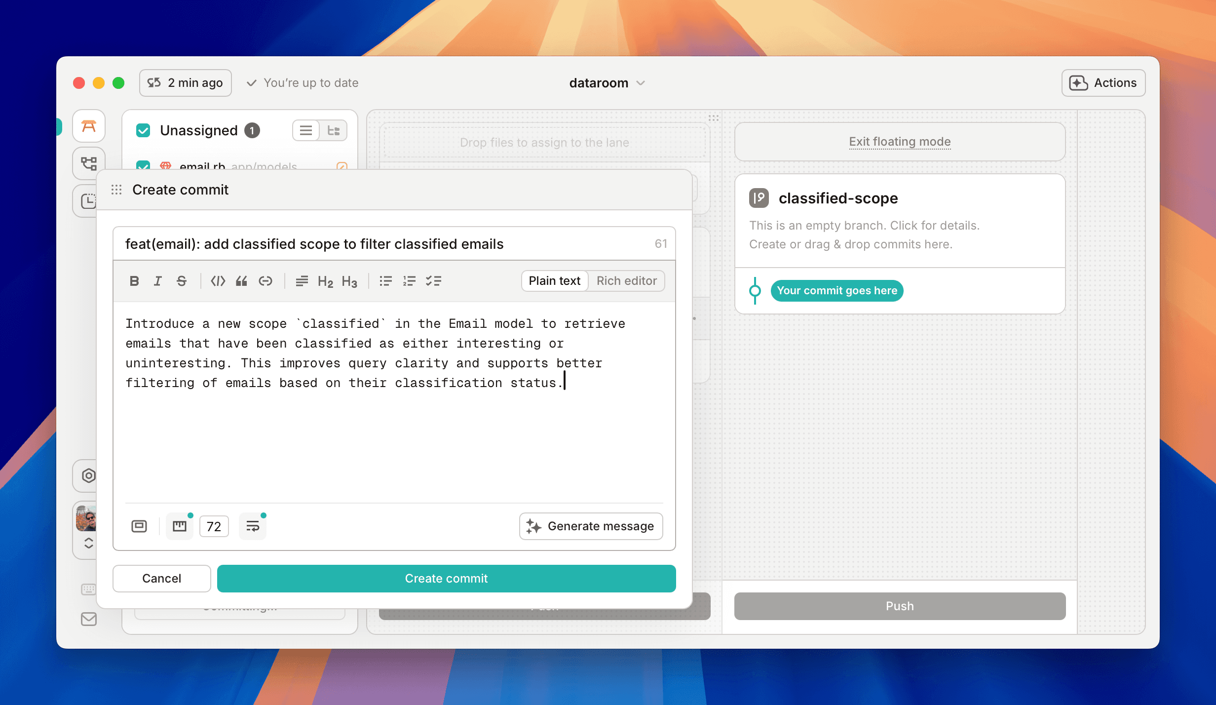Crafting a commit message with our advanced floating mode editor